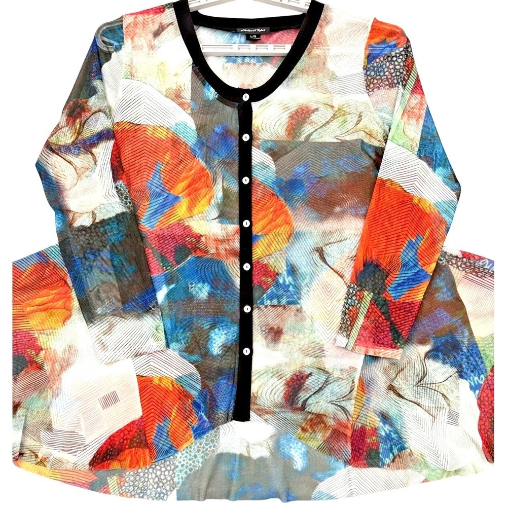Michael Tyler Sheer Cardigan Women L Multi Color Abstract High Low Peplum